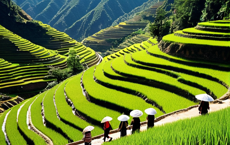 **Prompt:** Lush rice terraces in Yunnan, China, teeming with tourists and local villagers. Some are operating homestays, others selling handicrafts. Litter and overflowing trash cans visible, contrasting with the natural beauty. Emphasize the tension between economic development and environmental preservation, bright daytime lighting, realistic style.
