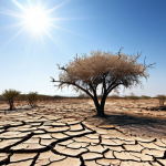 자연보호구역의 기후 변화 영향 분석 - A parched landscape within a nature reserve, cracked earth and withered vegetation under a blazing s...