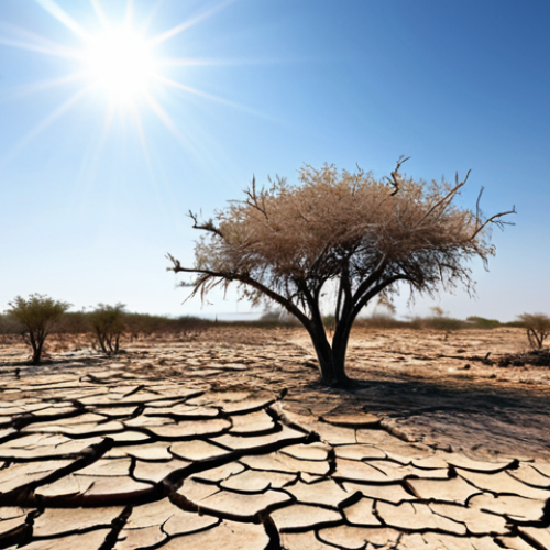 자연보호구역의 기후 변화 영향 분석 - A parched landscape within a nature reserve, cracked earth and withered vegetation under a blazing s...