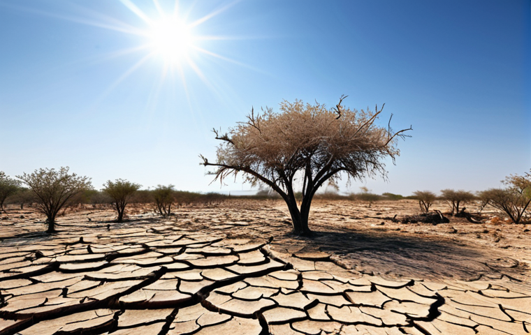 자연보호구역의 기후 변화 영향 분석 - A parched landscape within a nature reserve, cracked earth and withered vegetation under a blazing s...