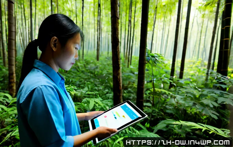 자연보호구역에서의 데이터 시각화 기법 - Photorealistic conservation scientist in a protected forest reserve, viewing a clean interactive bio...