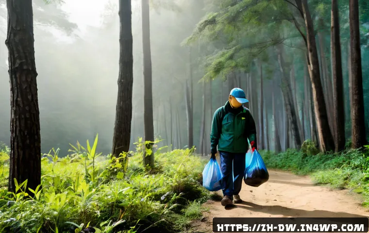 자연보호구역 자원봉사자의 경험담 - Photorealistic nature reserve volunteer experience, a middle-aged volunteer in practical outdoor clo...