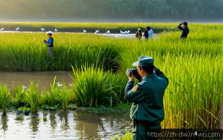 자연보호구역 모니터링과 주민 참여 유형 - Photorealistic nature reserve monitoring scene, a diverse group of local adult residents and park ra...